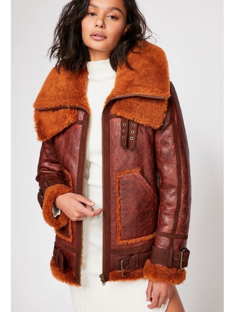 Free People We The Free Maverick Shearling Coat Real Leather Jacket NWT Small